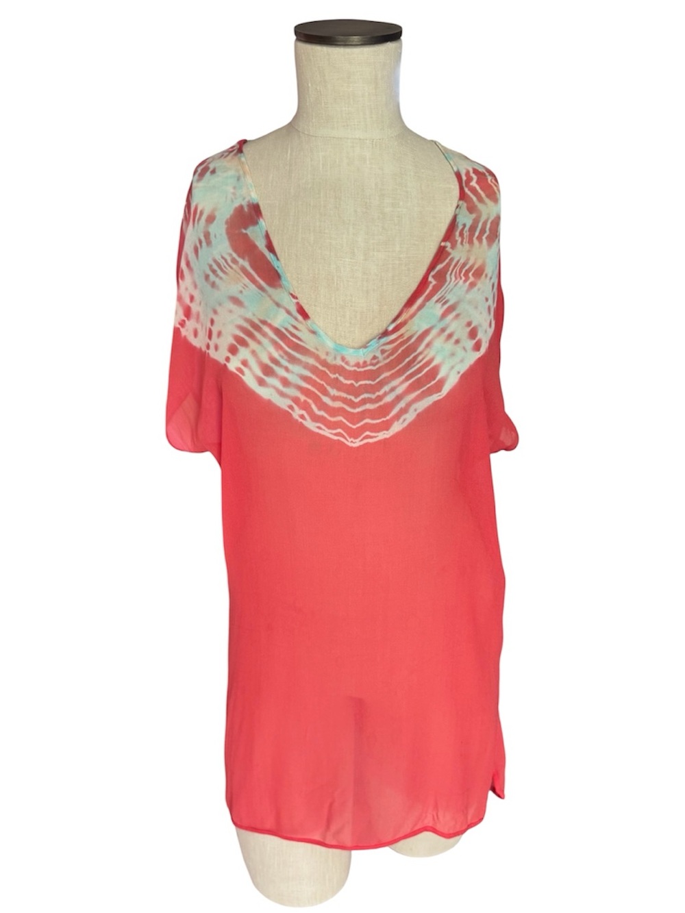 GYPSY 05 Coral Sheer Silk Tie Dye Deep V-Neck Tunic Top Sz S